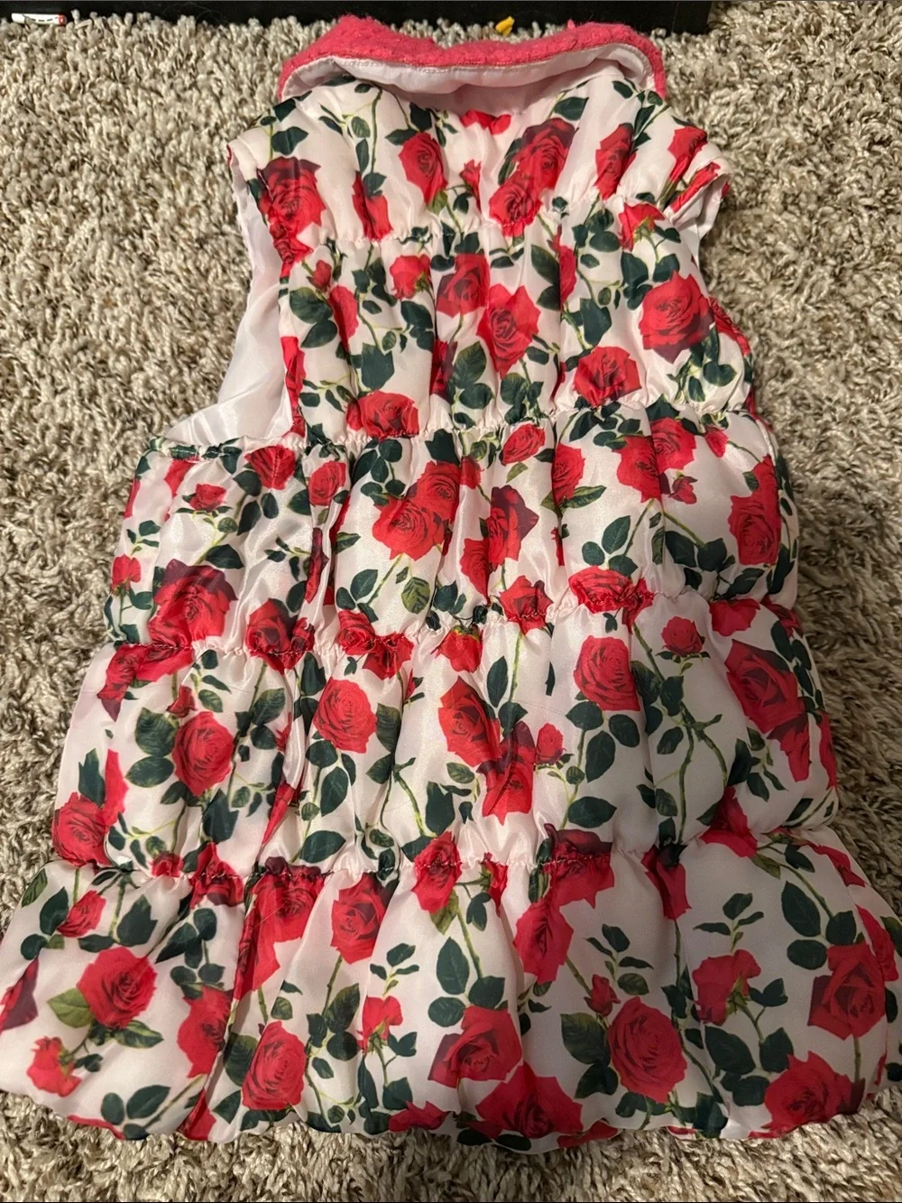 Girls Betsey Johnson Floral Red Rose Puffer Vest with Pink Faux-Fur Collar